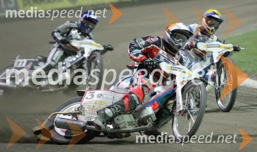 Iz ozadja naprej: Lee Richardson (Velika Britanija), Jaroslaw Hampel (Poljska) in Greg Hancock (ZDA)SPEEDWAY, VN Evrope 2005