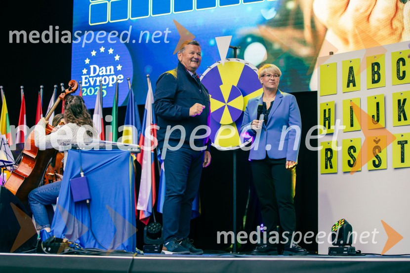 dr. Aleksander Jevšek, minister za kohezijo in regionalni razvoj; dr. Jerneja Jug Jerše, vodja Predstavništva Evropske komisije v SlovenijiDan Evrope 2025