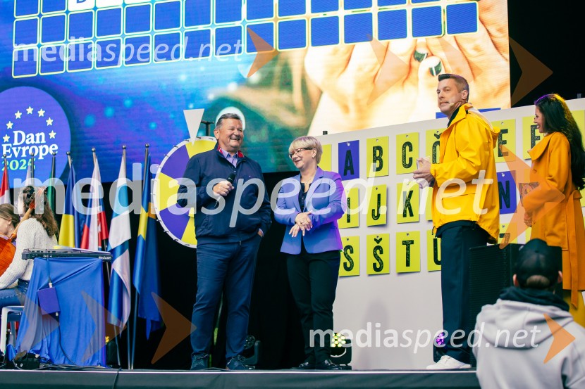 dr. Aleksander Jevšek, minister za kohezijo in regionalni razvoj; dr. Jerneja Jug Jerše, vodja Predstavništva Evropske komisije v Sloveniji;  Klemen Bučan, radijski voditelj, stand-up komik, DJ;  Nataša Naneva, manekenkaDan Evrope 2025