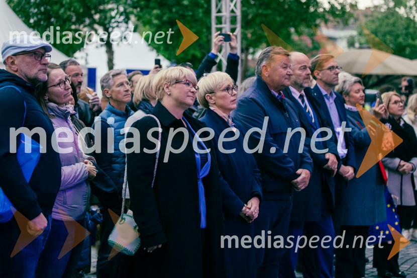 dr. Jerneja Jug Jerše, vodja Predstavništva Evropske komisije v Sloveniji; dr. Nataša Pirc Musar, predsednica Republike Slovenije; dr. Aleksander Jevšek, minister za kohezijo in regionalni razvoj;  ... Dan Evrope 2025