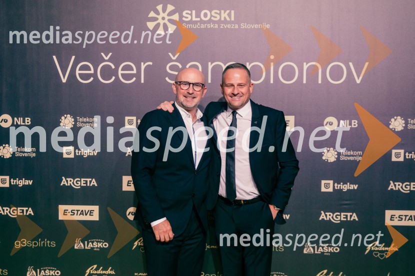  Anže Bašelj, voditelj;  Tomaž Šušteršič, generalni sekretar organizacijskega komiteja PlanicaVečer šampionov 2025, Smučarska zveza Slovenije