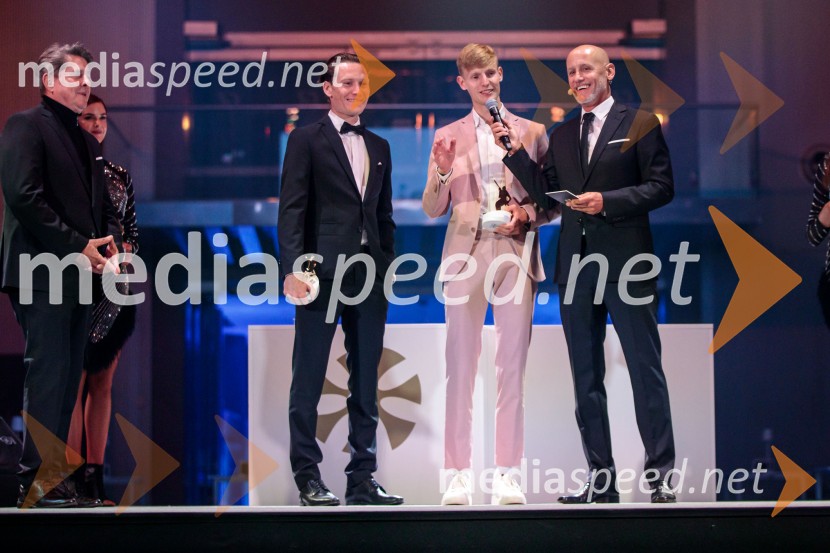  Anže Lanišek, smučarski skakalec;  Lovro Kos, smučarski skakalec;  Peter Poles, televizijski voditeljVečer šampionov 2025, Smučarska zveza Slovenije