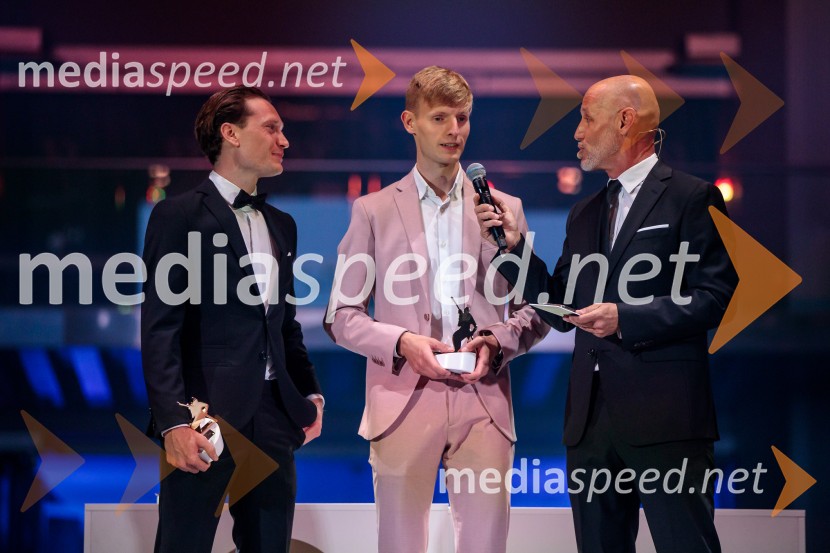  Anže Lanišek, smučarski skakalec;  Lovro Kos, smučarski skakalec;  Peter Poles, televizijski voditeljVečer šampionov 2025, Smučarska zveza Slovenije