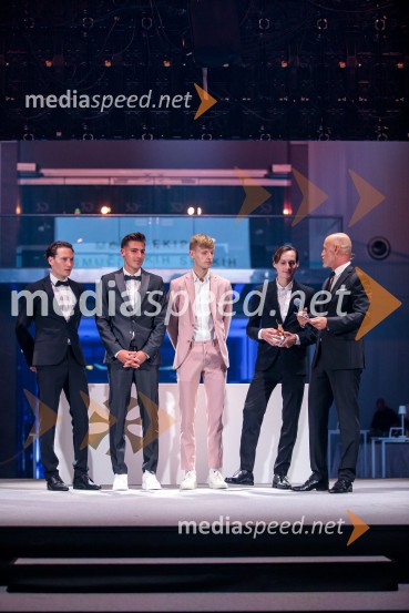  Anže Lanišek, smučarski skakalec;  Timi Zajc, smučarski skakalec;  Lovro Kos, smučarski skakalec;  Domen Prevc, smučarski skakalec;  Peter Poles, televizijski voditeljVečer šampionov 2025, Smučarska zveza Slovenije