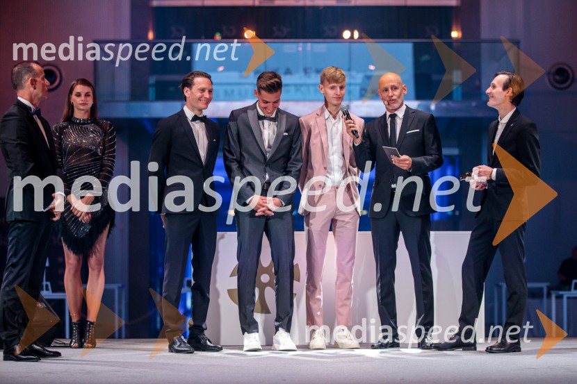  Anže Lanišek, smučarski skakalec;  Timi Zajc, smučarski skakalec;  Lovro Kos, smučarski skakalec;  Peter Poles, televizijski voditelj;  Domen Prevc, smučarski skakalecVečer šampionov 2025, Smučarska zveza Slovenije