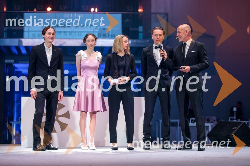  Domen Prevc, smučarski skakalec;  Nika  Prevc, smučarska skakalka;  Ema  Klinec, smučarska skakalka;  Anže Lanišek, smučarski skakalec;  Peter Poles, televizijski voditeljVečer šampionov 2025, Smučarska zveza Slovenije