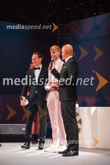  Anže Lanišek, smučarski skakalec;  Lovro Kos, smučarski skakalec;  Peter Poles, televizijski voditeljVečer šampionov 2025, Smučarska zveza Slovenije