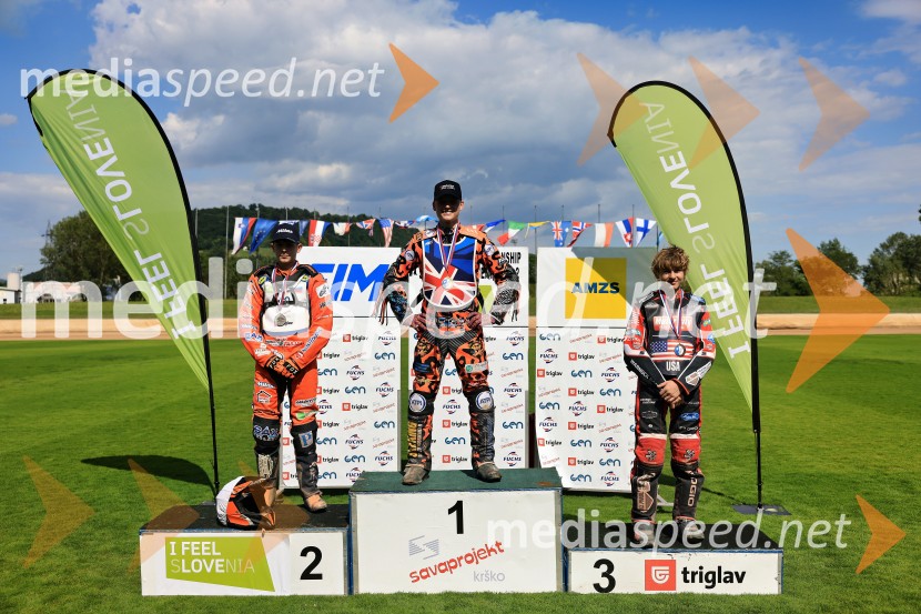  Sven Cerjak, speedwayist, Slovenija;  Cooper Rushen, speedwayist, Velika Britanija;  Bradly Landon, speedwayistSven Cerjak osvojil drugo mesto, Speedway SGP3 Polfinale 1