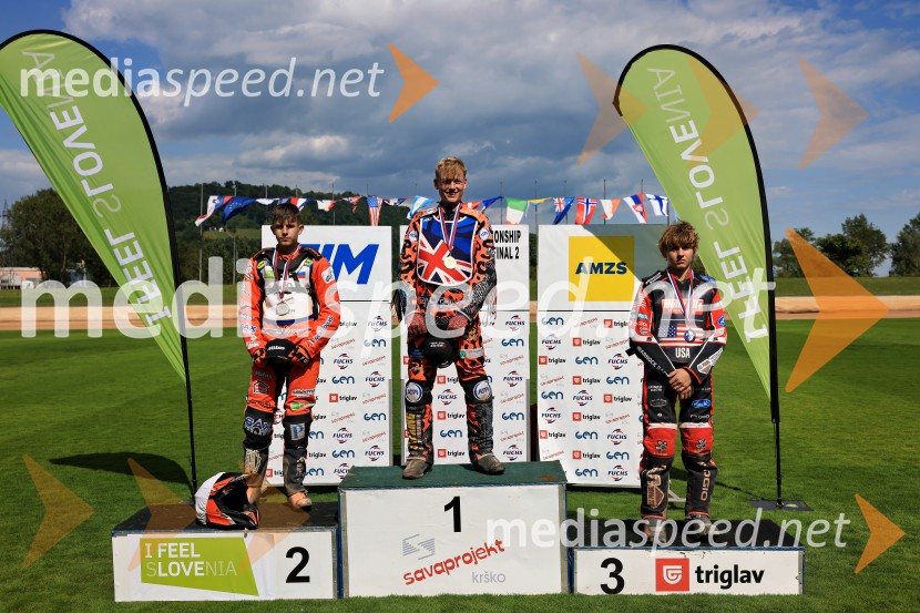  Sven Cerjak, speedwayist, Slovenija;  Cooper Rushen, speedwayist, Velika Britanija;  Bradly Landon, speedwayistSven Cerjak osvojil drugo mesto, Speedway SGP3 Polfinale 1