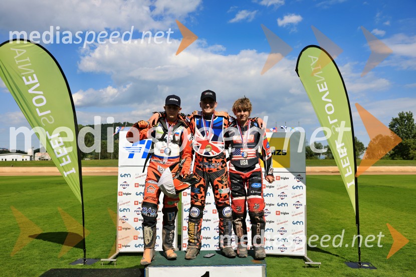  Sven Cerjak, speedwayist, Slovenija;  Cooper Rushen, speedwayist, Velika Britanija;  Bradly Landon, speedwayistSven Cerjak osvojil drugo mesto, Speedway SGP3 Polfinale 1