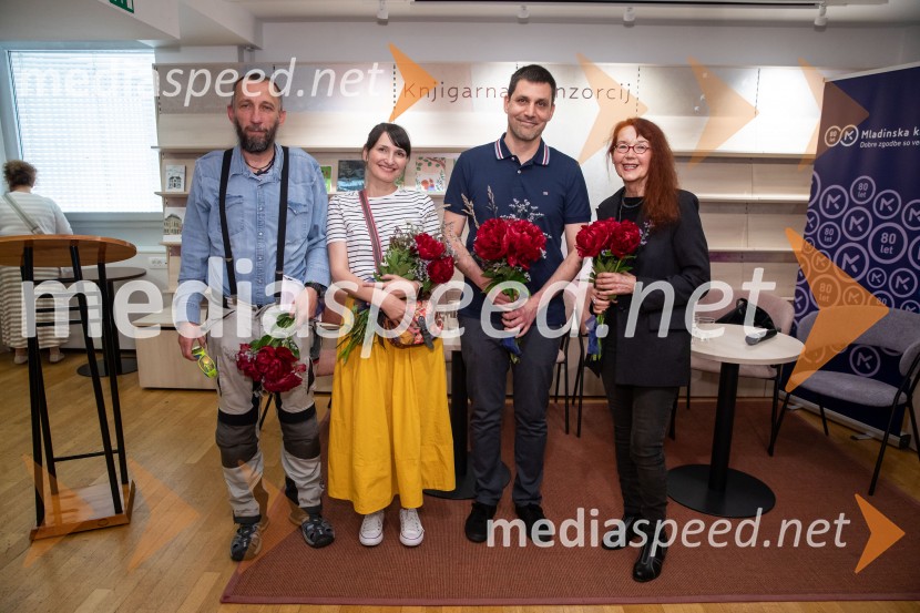  Damijan Stepančič, ilustrator in slikar;  Maja Kastelic, ilustratorka;  Žiga Kosec, urednik revije Cicido, Mladinska knjiga;  Bina Štampe Žmavc, pisateljicaRazglasitev prejemnikov Levstikovih nagrad Mladinske knjige, novinarska konferenca