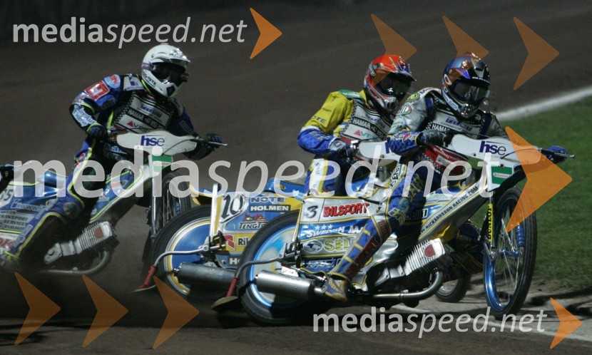 Tony Rickardsson (Švedska), Andreas Jonsson (Švedska) in Bjarne Pedersen (Danska)SPEEDWAY, VN Slovenije 2004