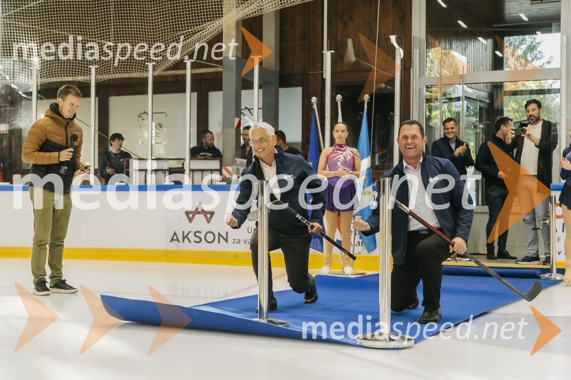  Matjaž Han, minister za gospodarstvo, turizem in šport;  Anton Mežan, župan, Občina BledOdprtje prenovljene Ledene dvorane Bled