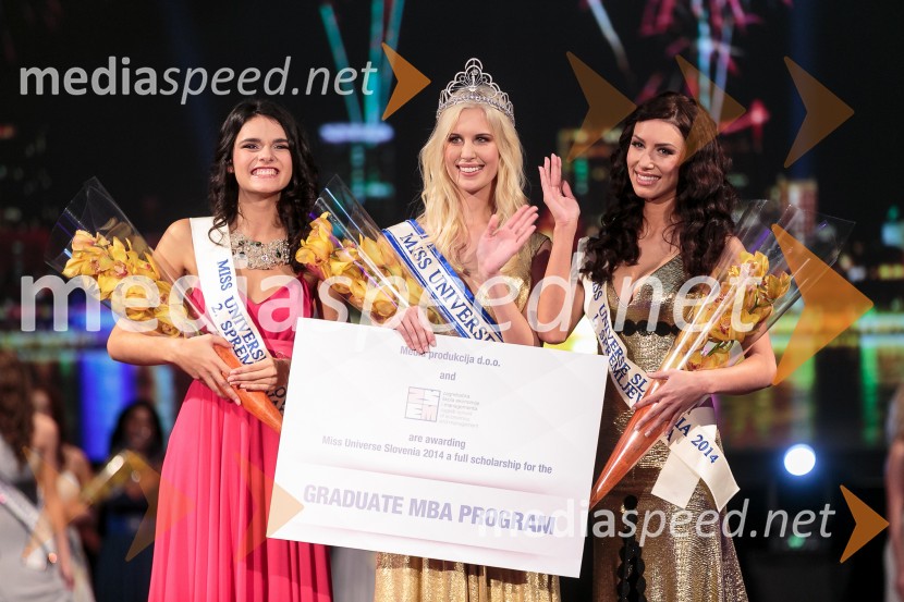  Gabriela Lozančič, 2. spremljevalka, Miss Universe 2014;  Urška Bračko, Miss Universe 2014;  Dijana Purić, 1. spremljevalka, Miss Universe 2014Kdo vse je nosil lento Miss Universe?