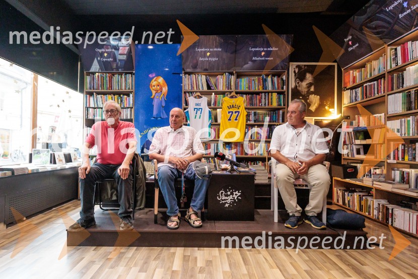  Sergio Tavčar, novinar;  Ivo Daneu,  nekdanji košarkar;  Primož Repar, pesnik in pisateljNovinarska konferenca ob izidu knjige 77: Osrečenost v času Luke Dončića