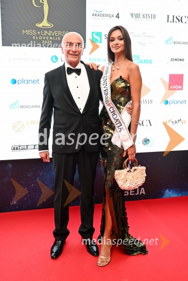  Ivo Boscarol, podjetnik, generalni direktor Pipistrel d.o.o.;  Laura Gnjatović, Miss Universe Hrvaške 2025Miss Universe Slovenije 2025 je Hana Klaut