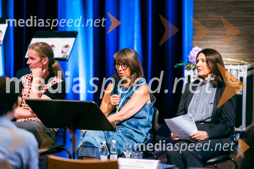  Andrej Jaklič, vodja gledališkega in sodobnoplesnega programa CD;  Barbara Rogelj, vodja humanističnega in kulturno-vzgojnega programa, Cankarjev dom; mag. Breda Pečovnik, direktorica kongresno komercialne dejavnosti Cankarjev domPredstavitev sezone 2025/26 v Cankarjevem domu