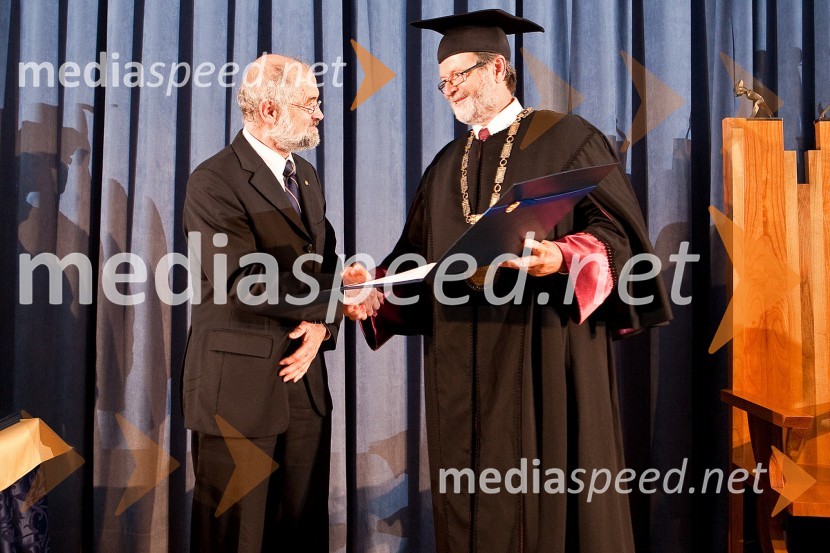 Prof. dr. Erwin Neher, prejemnik naziva častnega doktorja UM in prof. dr. Ivan Rozman, rektor Univerze v MariboruDan Univerze v Mariboru in 50 let Fakultete za organizacijske vede Kranj