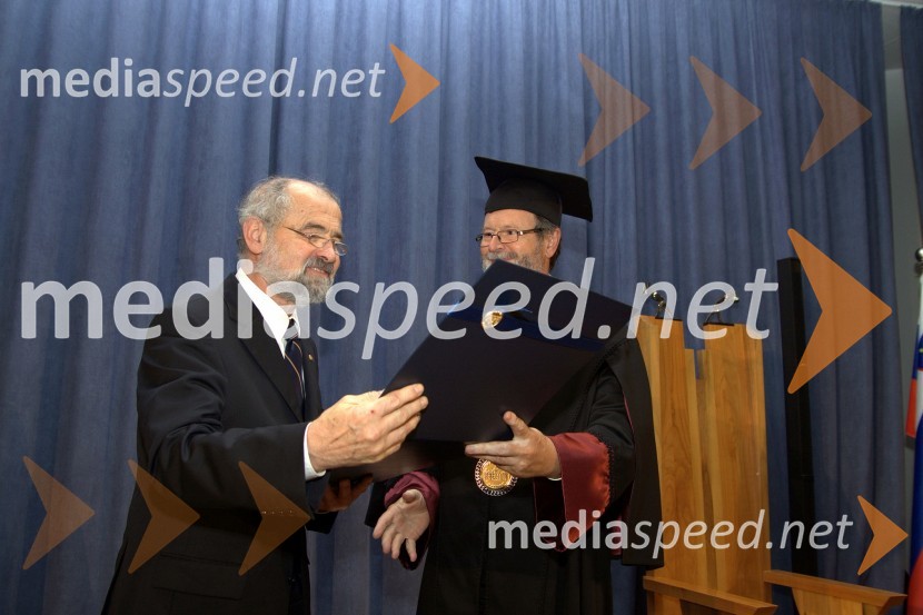 Prof. dr. Erwin Neher, prejemnik naziva častnega doktorja UM in prof. dr. Ivan Rozman, rektor Univerze v MariboruDan Univerze v Mariboru in 50 let Fakultete za organizacijske vede Kranj