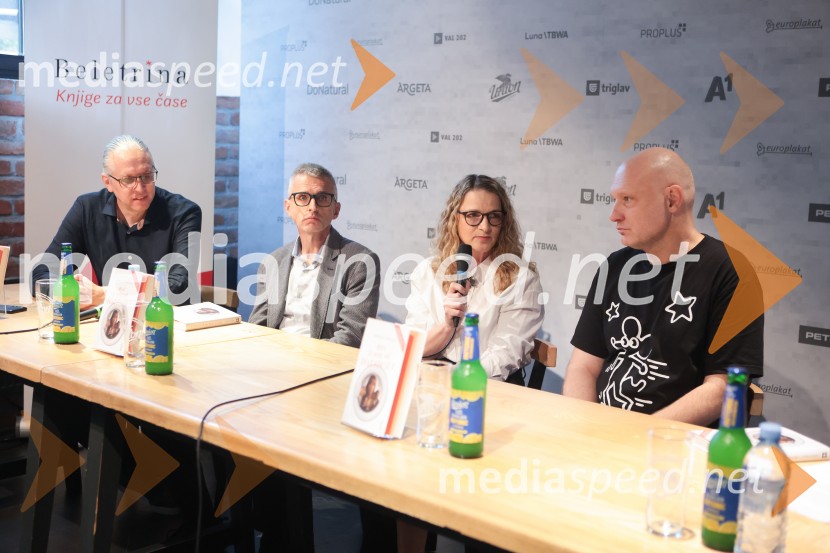  Marko  Naberšnik, režiser in scenarist;  Aleš  Pavlin , Perfo production;  Bronja Žakelj, pisateljica;  Mitja Čander, direktor, BeletrinaFilmska priredba romana Belo se pere na devetdeset predstavljena na novinarski konferenci