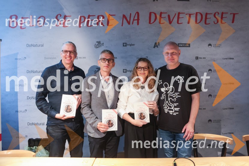  Marko  Naberšnik, režiser in scenarist;  Aleš  Pavlin , Perfo production;  Bronja Žakelj, pisateljica;  Mitja Čander, direktor, BeletrinaFilmska priredba romana Belo se pere na devetdeset predstavljena na novinarski konferenci