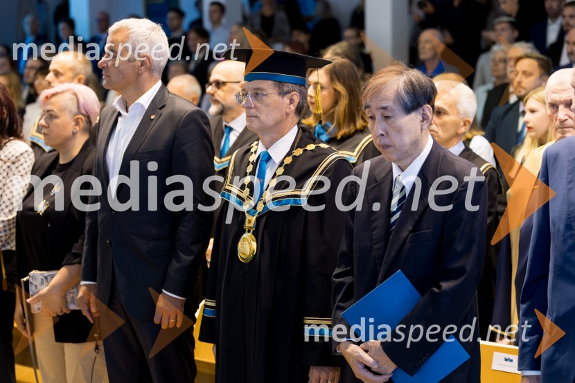 Aleksander Saša Arsenovič, župan, Mestna občina Maribor; prof. dr. Zdravko Kačič, rektor Univerze v Mariboru; prof. dr. Kazuyuki Hokamoto, častni doktor Univerze v MariboruDan Univerze v Mariboru 2025