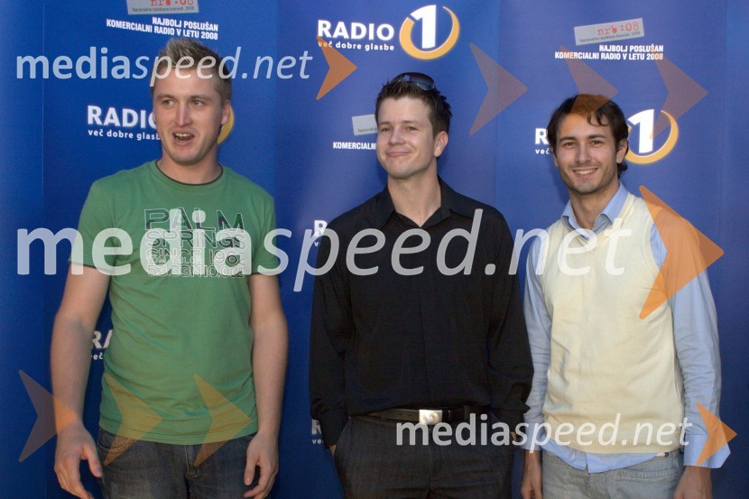 Denis Avdič, moderator Radia 1, Boštjan Romih, TV ter radijski voditelj in Gregor Bolčina, moderator Radia 1V višave, premiera risanega filma