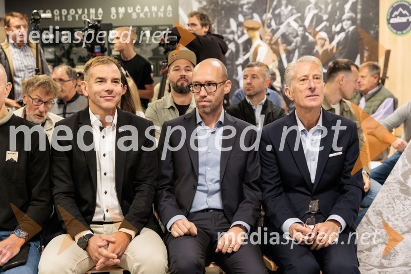  Leon Korošec, Direktor zimsko-športne divizije, Podpredsednik skupine Elan;  Filip Flisar, nekdanji smučar prostega sloga in lastnik blagovne znamke Pohorska šunka;  Luka Steiner, predsednik, Smučarska zveza Slovenije;  ... Ingemar Stenmark in Bojan Križaj ob 80 letnici Elana