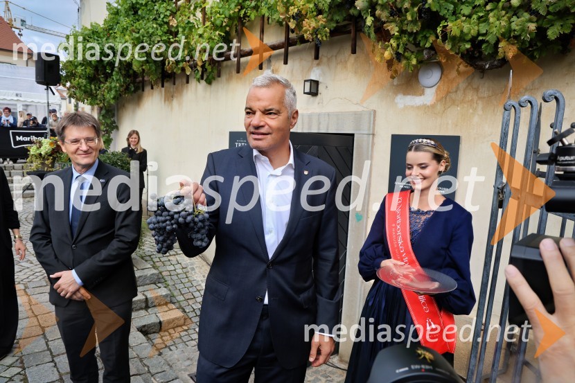 prof. dr. Zdravko Kačič, rektor Univerze v Mariboru;  Aleksander Saša Arsenovič, župan, Mestna občina Maribor;  Maruša Mukenauer, Vina Mukenauer, Mariborska vinska kraljica 2023 - 2025Svečana trgatev najstarejše trte 2025 in razglasitev vinske kraljice