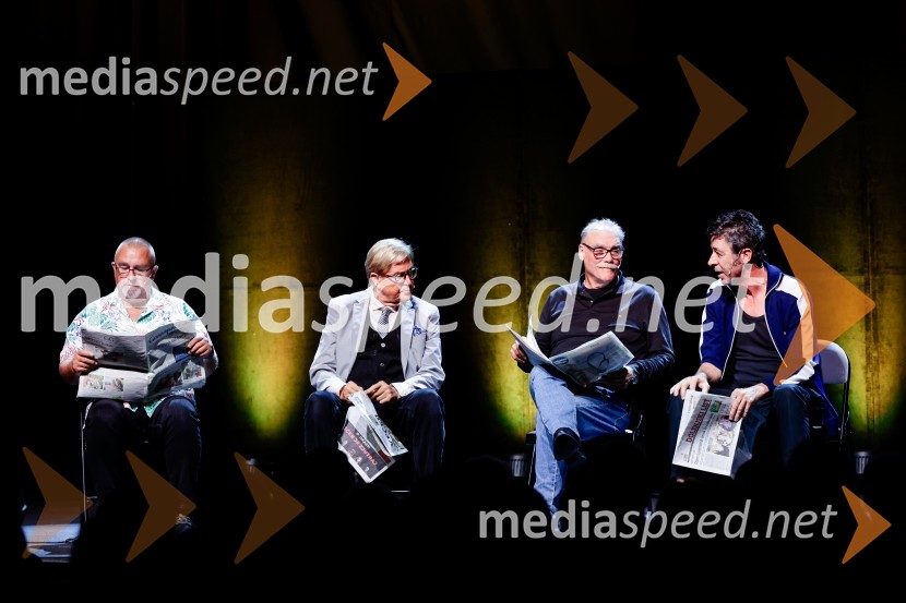  Boštjan Meglič - Peška;  Vinko Šimek, komik;  Boris Kobal, režiser, igralec;  Franci Kek, slovenski režiser, producent, igralec, politik Penziči, medijska premiera predstave Vida Valiča