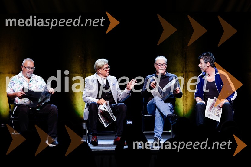  Boštjan Meglič - Peška;  Vinko Šimek, komik;  Boris Kobal, režiser, igralec;  Franci Kek, slovenski režiser, producent, igralec, politik Penziči, medijska premiera predstave Vida Valiča