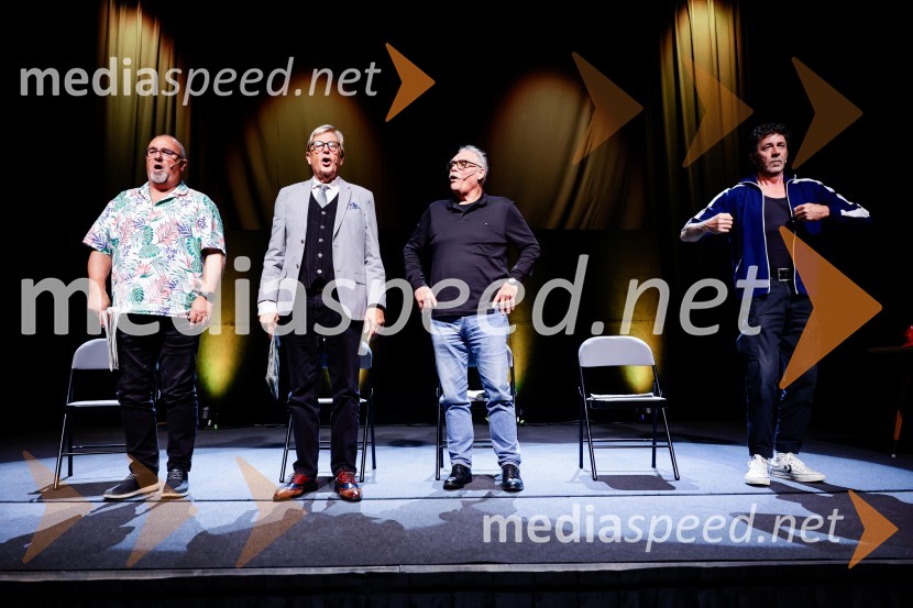  Boštjan Meglič - Peška;  Vinko Šimek, komik;  Boris Kobal, režiser, igralec;  Franci Kek, slovenski režiser, producent, igralec, politik Penziči, medijska premiera predstave Vida Valiča