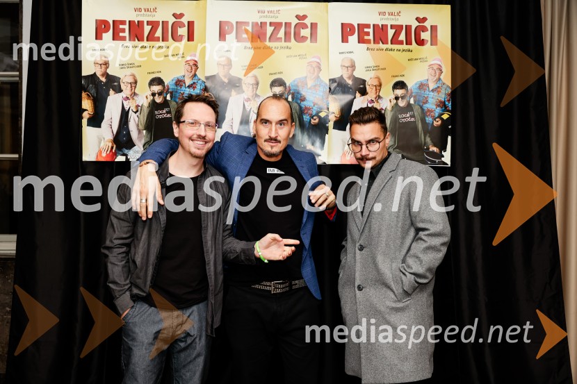  Alen Borišek, stand up komik;  Vid  Valič, stand-up komik, voditelj;  Alen Mastnak, stand up komikPenziči, medijska premiera predstave Vida Valiča