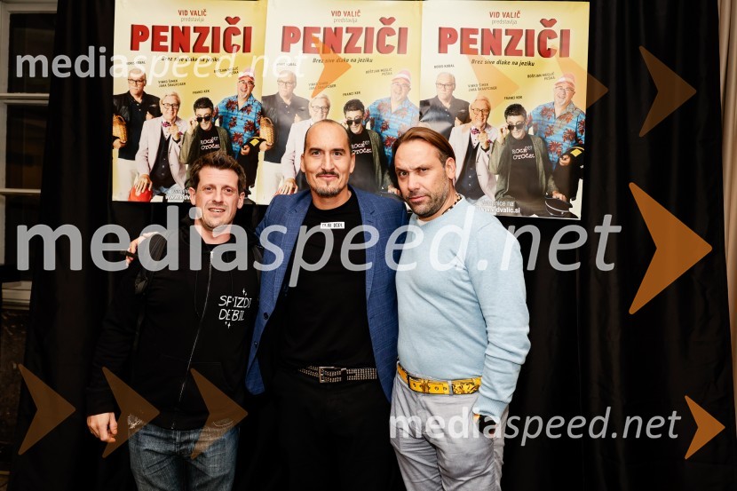   Sašo Weilgoni - Mš, improvizator;  Vid  Valič, stand-up komik, voditelj;  Rok Kunaver, igralecPenziči, medijska premiera predstave Vida Valiča