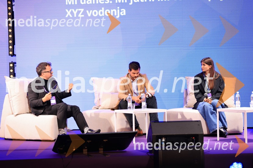  Žiga Vavpotič, podjetnik;  Martin Jezeršek, generalni direktor Jezeršek d.o.o.;  Petra Parovel, lastnica, Swy brand d.o.o.Managerski kongres 2025, prvi dan