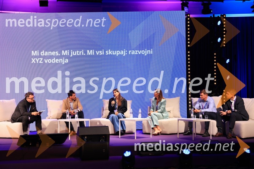  Žiga Vavpotič, podjetnik;  Martin Jezeršek, generalni direktor Jezeršek d.o.o.;  Petra Parovel, lastnica, Swy brand d.o.o.;  Maja  Strnad Cestar, generalna direktorica, Medis;  Blaž Strle, BE-Terna skupina;  Boštjan Jerončič, Incom LeoneManagerski kongres 2025, prvi dan