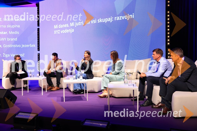  Žiga Vavpotič, podjetnik;  Martin Jezeršek, generalni direktor Jezeršek d.o.o.;  Petra Parovel, lastnica, Swy brand d.o.o.;  Maja  Strnad Cestar, generalna direktorica, Medis;  Blaž Strle, BE-Terna skupina;  Boštjan Jerončič, Incom LeoneManagerski kongres 2025, prvi dan