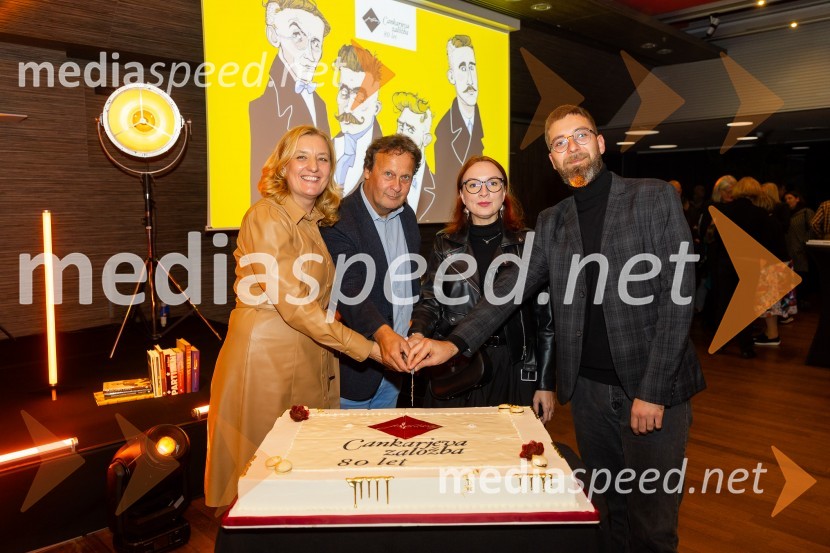 dr. Alenka Kepic Mohar, glavna urednica Mladinske knjige in direktorica Cankarjeve založbe;  Andrej Blatnik, pisatelj;  ... ;  ... Cankarjeva založba praznovala 80 let