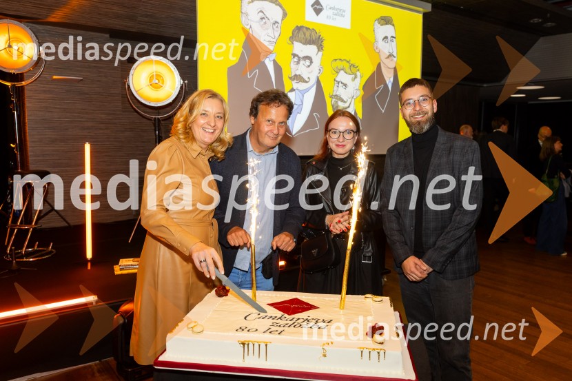 dr. Alenka Kepic Mohar, glavna urednica Mladinske knjige in direktorica Cankarjeve založbe;  Andrej Blatnik, pisatelj;  ... ;  ... Cankarjeva založba praznovala 80 let