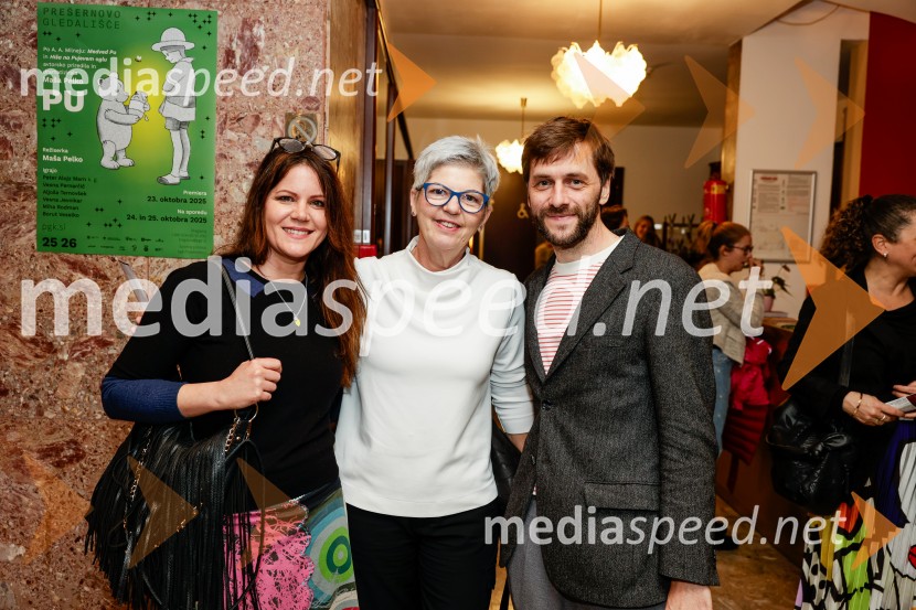  Eva Belčič, vodja marketinga in odnosov z javnostmi, Prešernovo gledališče Kranj;  Mirjam Drnovšček, direktorica, SNG Nova Gorica;  Rok Bozovičar, direktor, Prešernovo gledališče Kranj Pu, otroška premiera v Prešernovem gledališču Kranj