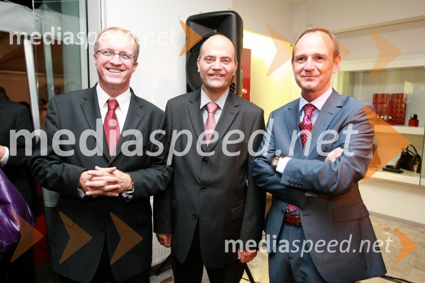 Matjaž Šteblaj, Slowatch, Matej Bregant, Slowatch in Martin Schmidt, regijski manager Cartier za Vzhodno EvropoCartier, odprtje trgovine