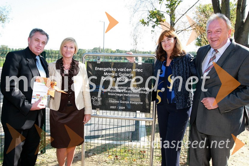 Dušan Zagorc, podžupan Občine in ravnatelj Osnovne šole Gornja Radgona, Breda Forjanič, ravnateljica vrtca Manka Golarja Gornja Radgona, nj. eksc. Guro Katharina Helwig Vikor, veleposlanica Kraljevine Norveške in dr. Rado Genorio, državni sekretar v Kabinetu predsednika Vlade Republike SlovenijeEnergetsko varčen vrtec Manka Golarja Gornja Radgona, novinarska konferenca in odprtje prenovljenega vrtca