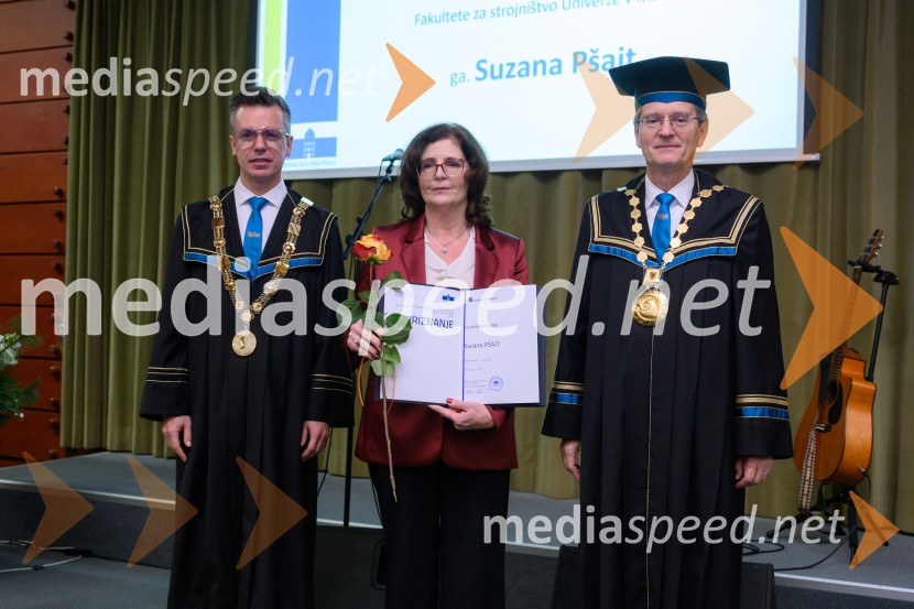 prof. dr. Matej Vesenjak, dekan, Fakulteta za strojništvo UM;  Suzana Pšajt; prof. dr. Zdravko Kačič, rektor Univerze v MariboruDan Fakultete za strojništvo 2025