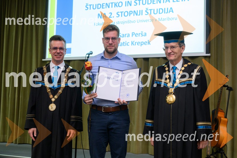 prof. dr. Matej Vesenjak, dekan, Fakulteta za strojništvo UM;  Matic Krepek; prof. dr. Zdravko Kačič, rektor Univerze v MariboruDan Fakultete za strojništvo 2025