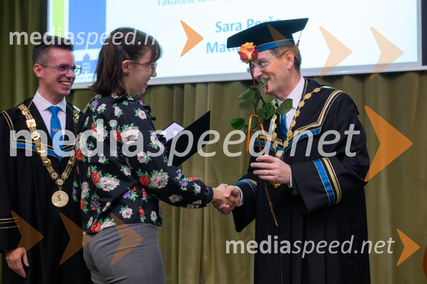 prof. dr. Matej Vesenjak, dekan, Fakulteta za strojništvo UM;  Sara Perša; prof. dr. Zdravko Kačič, rektor Univerze v MariboruDan Fakultete za strojništvo 2025