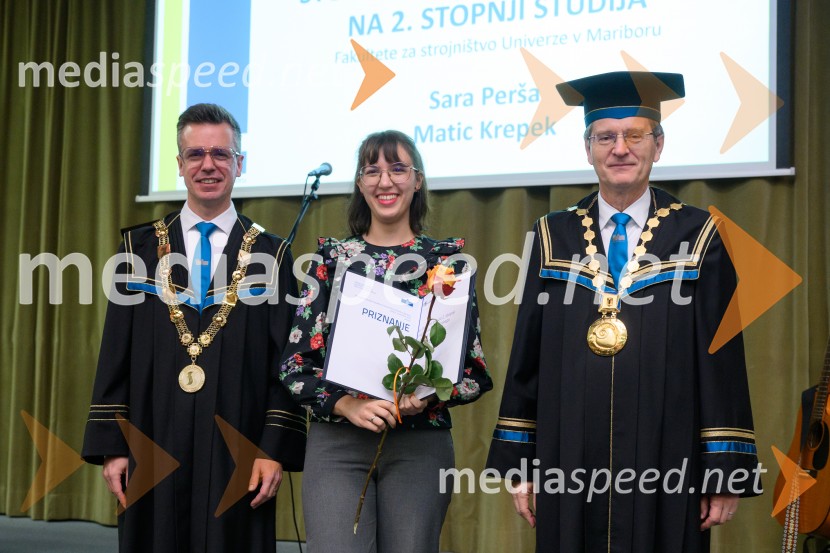 prof. dr. Matej Vesenjak, dekan, Fakulteta za strojništvo UM;  Sara Perša; prof. dr. Zdravko Kačič, rektor Univerze v MariboruDan Fakultete za strojništvo 2025