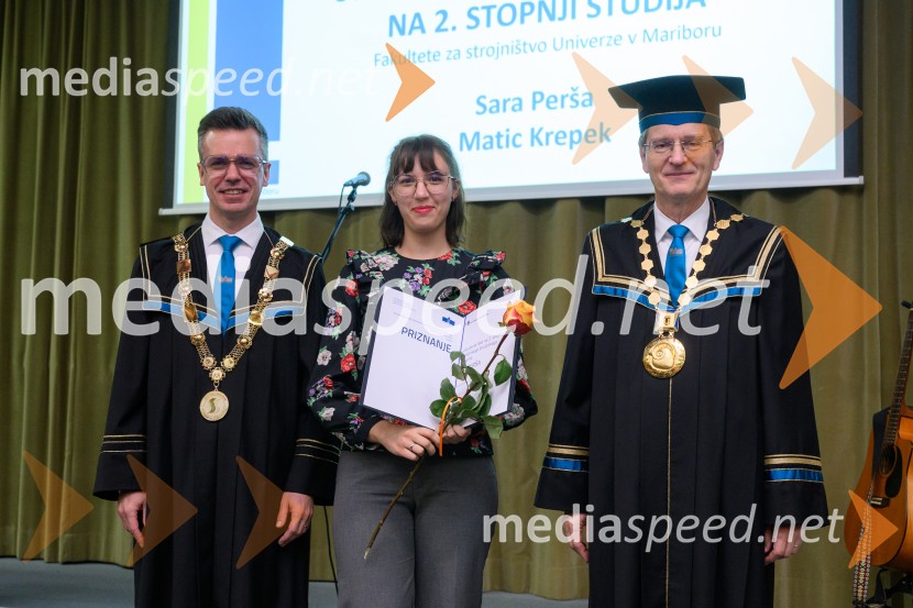 prof. dr. Matej Vesenjak, dekan, Fakulteta za strojništvo UM;  Sara Perša; prof. dr. Zdravko Kačič, rektor Univerze v MariboruDan Fakultete za strojništvo 2025