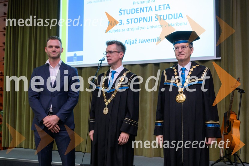  Aljaž Javernik; prof. dr. Matej Vesenjak, dekan, Fakulteta za strojništvo UM; prof. dr. Zdravko Kačič, rektor Univerze v MariboruDan Fakultete za strojništvo 2025