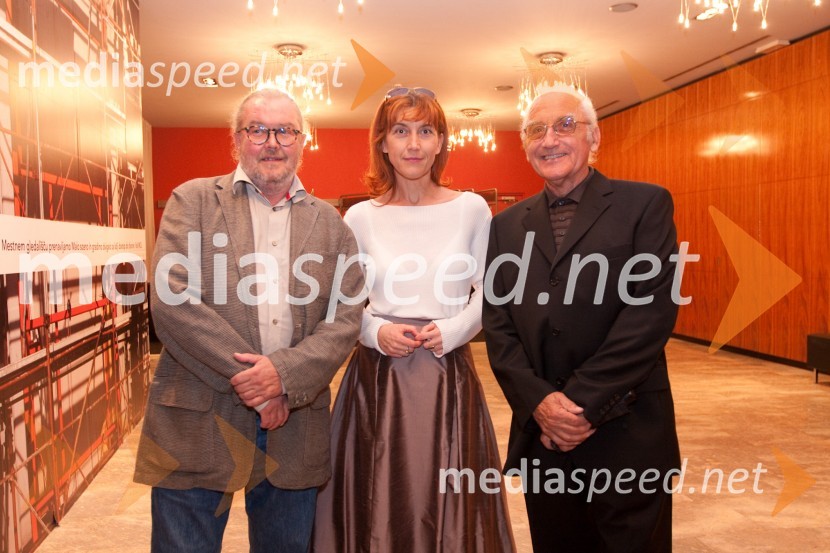 Ranko Novak, oblikovalec, profesor na ALU, Barbara Hieng Samobor, direktorica MGL in Vasja Predan, teatrolog in kritikReklame, seks in požrtija, premiera v MGL