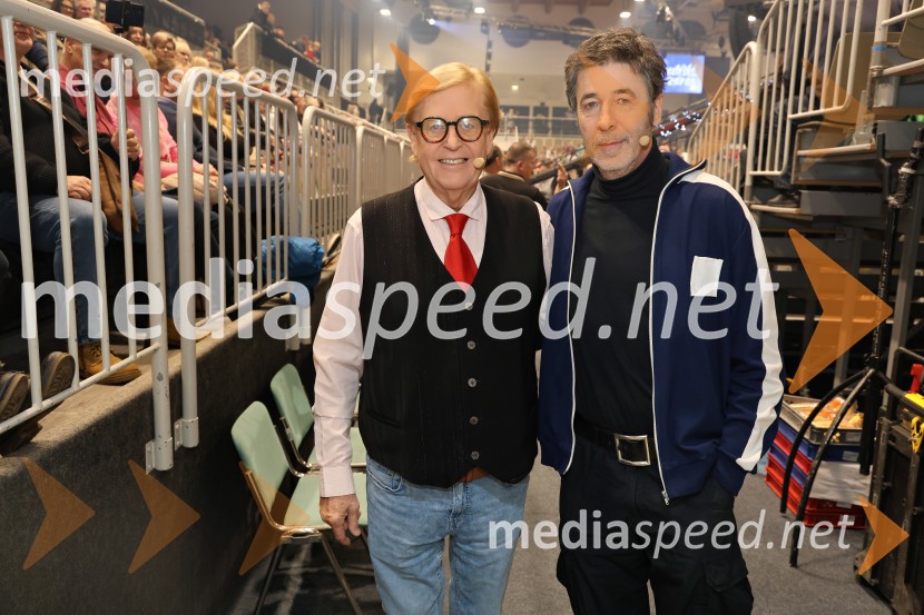  Vinko Šimek, komik;  Franci Kek, slovenski režiser, producent, igralec, politik Silvestrski pozdrav 2025, snemanje oddaje v Dvorani Tabor